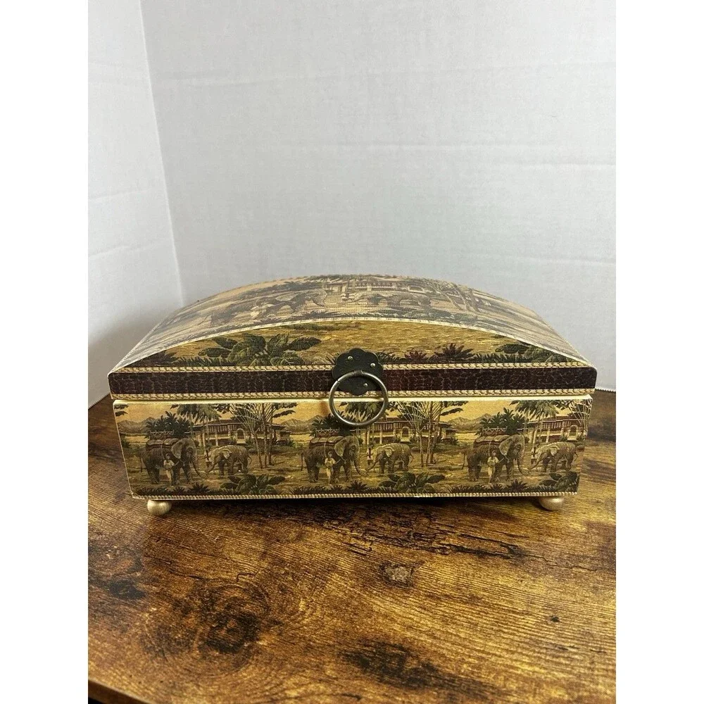 Wood Keepsake Chest Box Jungle Elephant Design Hinge Lid Decorative Storage Case